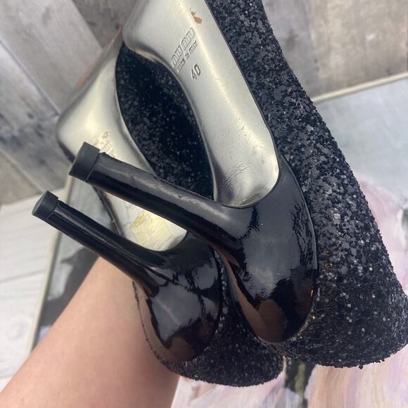 Miu Miu Black Patent Leather Glitter Peep Toe Platform Heels Size 40/9 - Picture 11 of 15